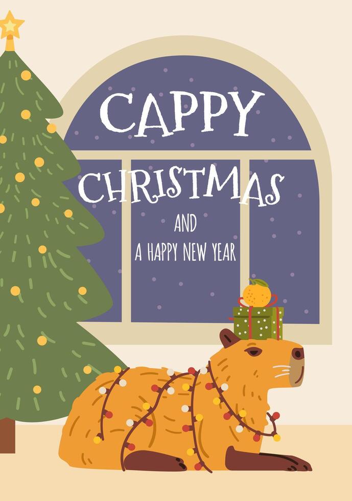 Cappy Christmas and happy New Year greeting card with funny capybara wrapped in garland illustration. vector