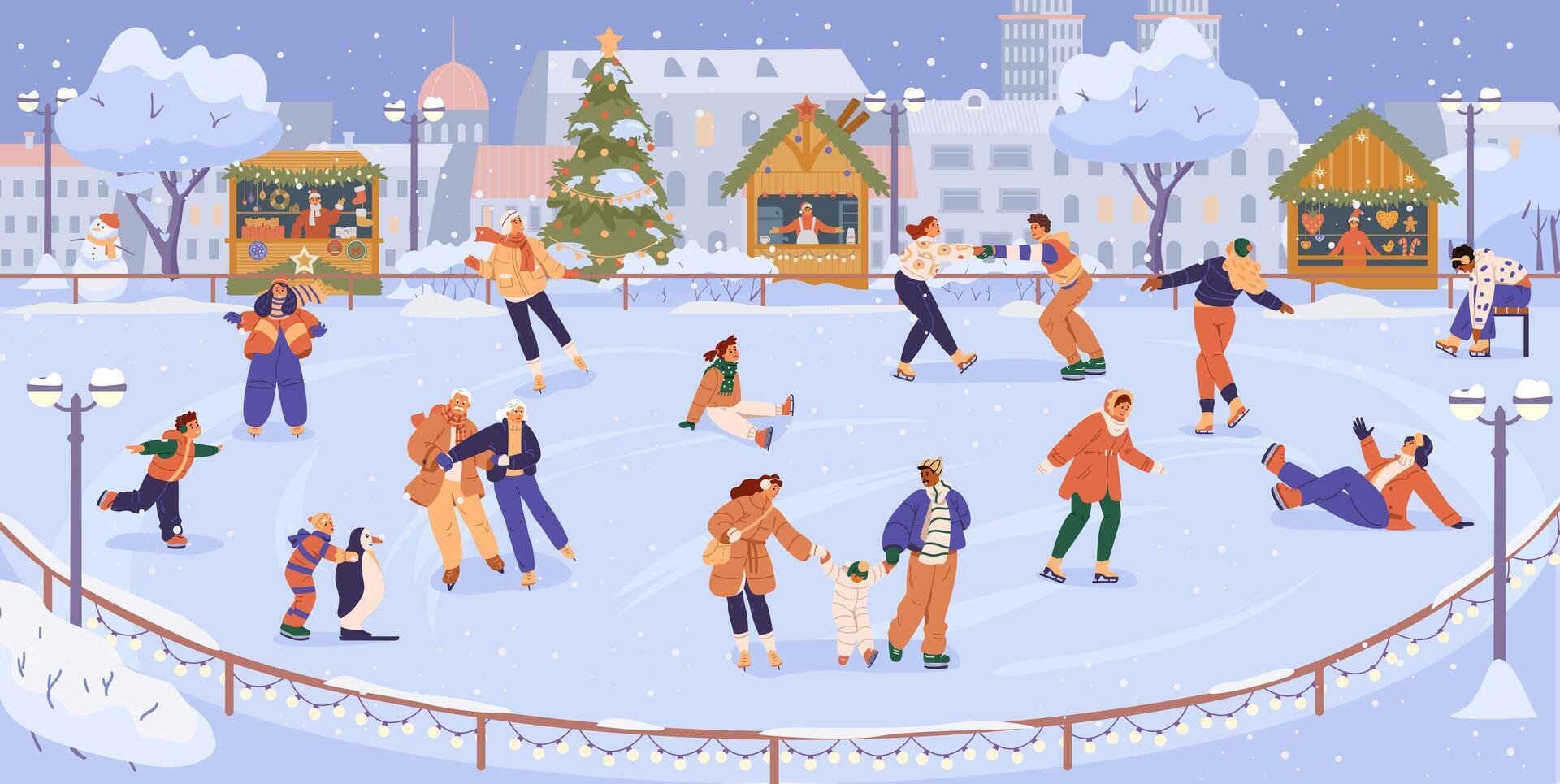 Outdoor ice rink with lots of different people skating with Christmas fair and cityscape at the background flat illustration. vector