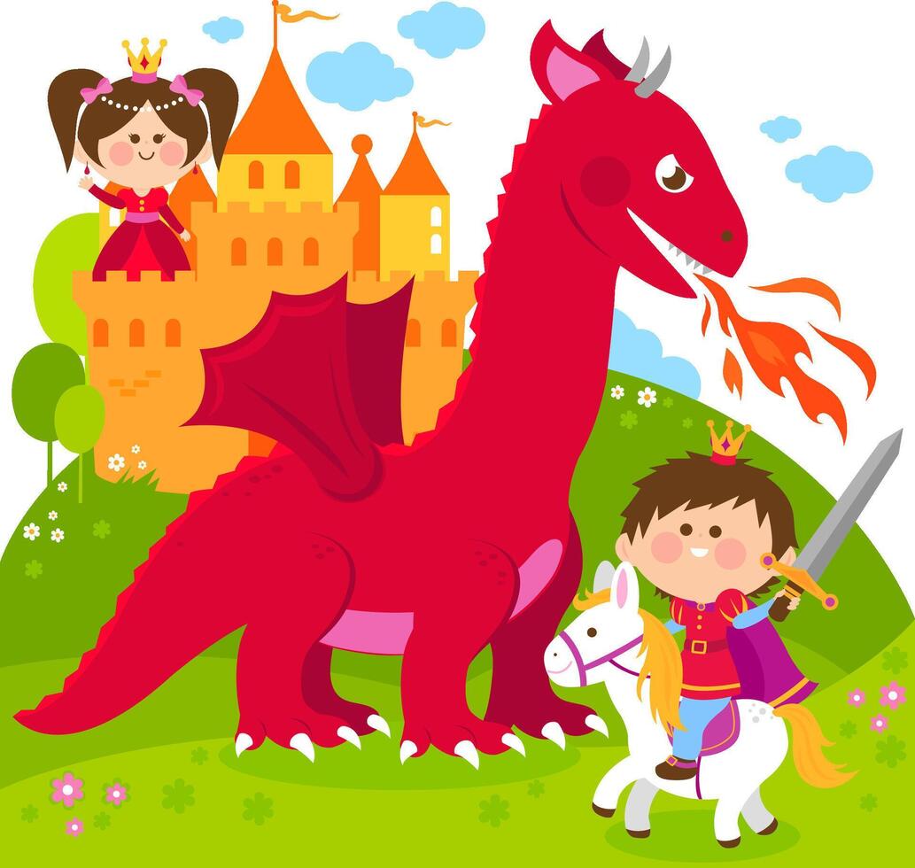 Fairy tale with castle princess girl and knight boy fighting a fire breathing dragon. Prince protecting a beautiful queen from the red dragon. vector