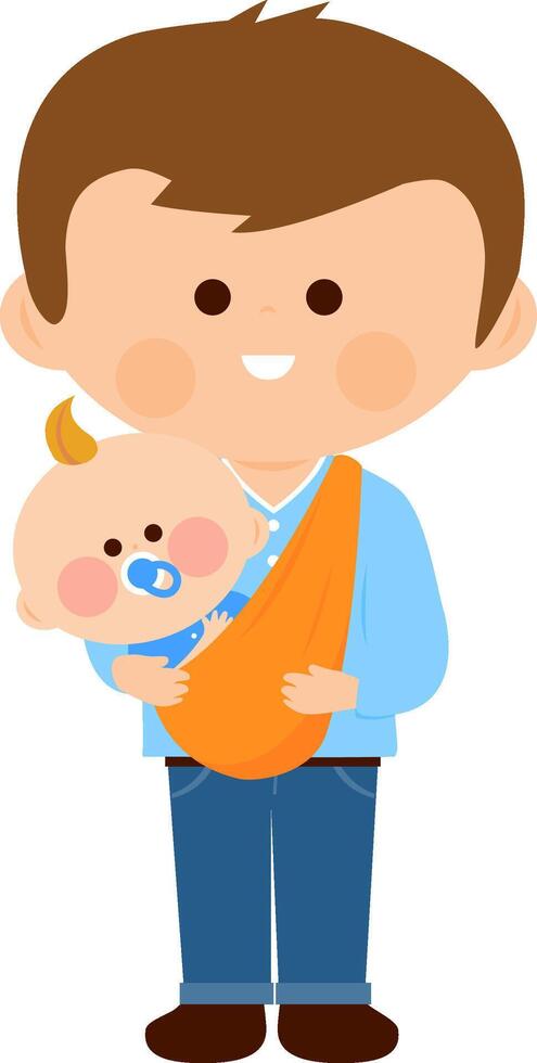 Father carrying his baby in a sling. Daddy holding his infant in a baby carrier. vector