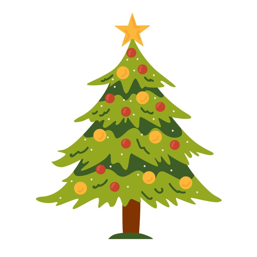 Traditional Xmas tree decorated with festive baubles, garland. Artificial spruce on stand. Flat illustration isolated on white background vector
