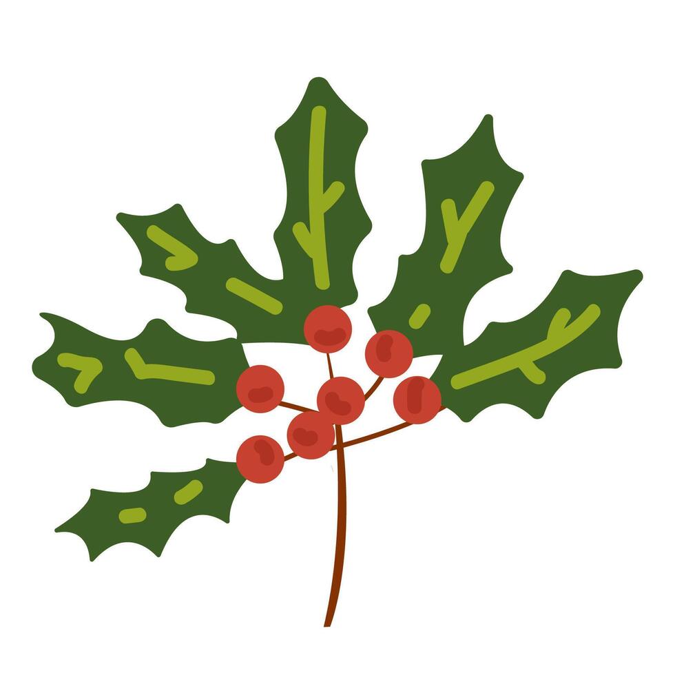 Christmas holly berry flat icon in cartoon style. Green leaves and red berries isolated on white background. Elements suitable for decorative Christmas festival, New year invitations, greeting cards vector