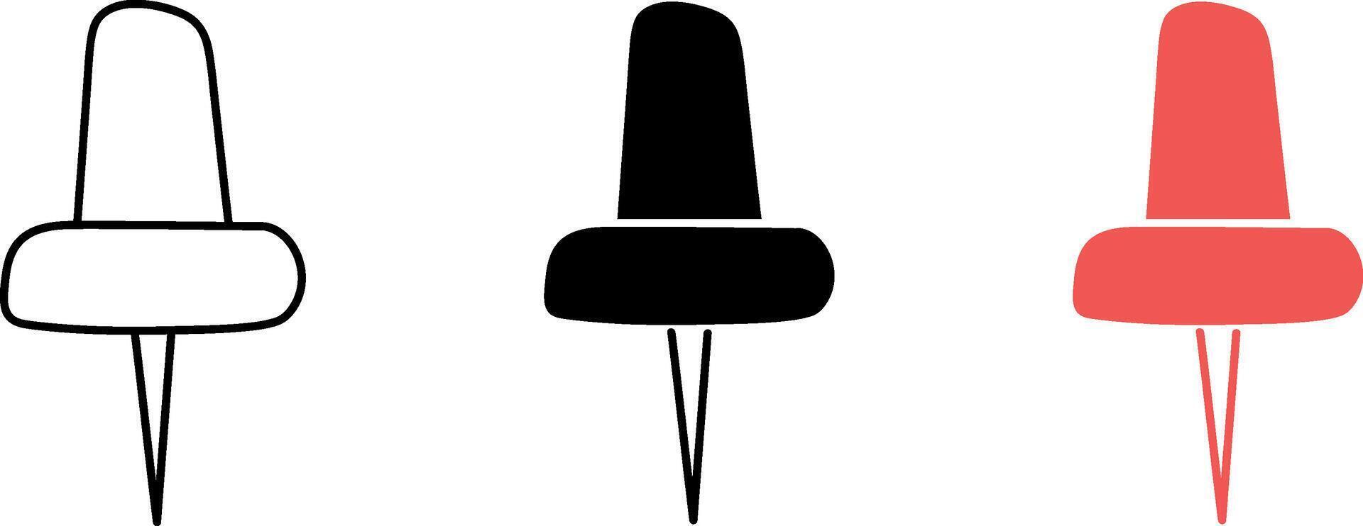 Push pin icon set. Outline, black, red color. vector