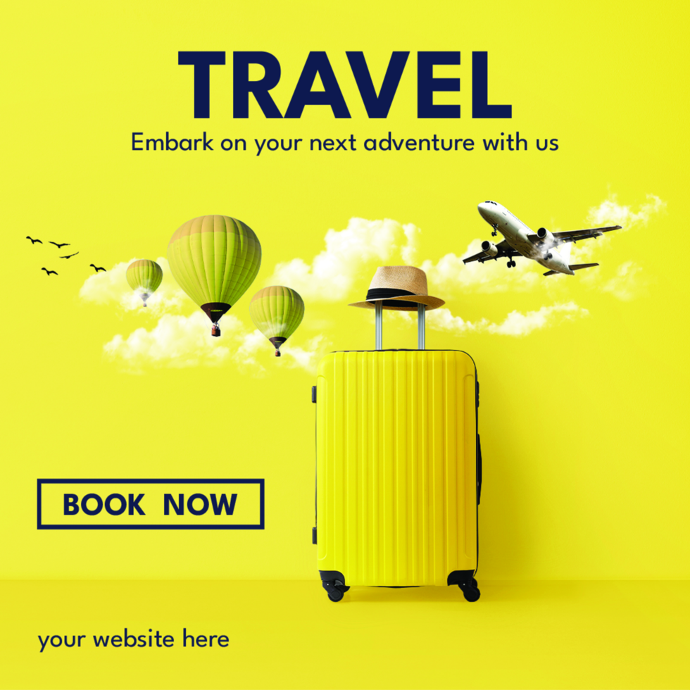 Yellow Travel tourism social media post template, traveling agency business offer promotion with airplane, airballoons, birds psd