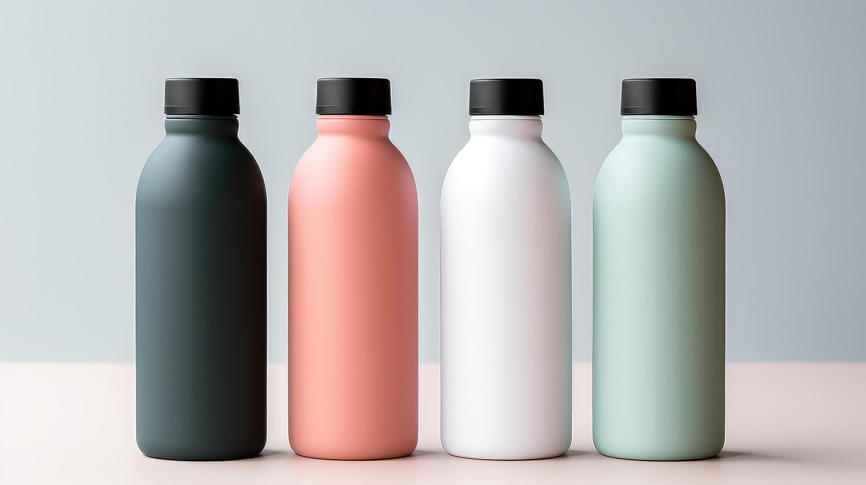 Four bottles of different colors are lined up on a table photo