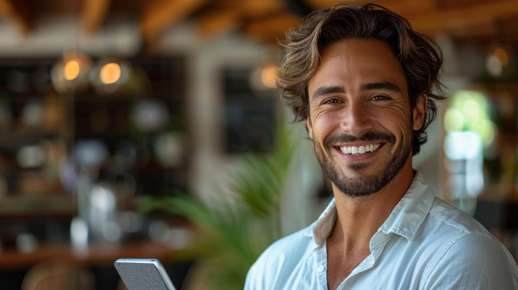 Smiling handsome young Latin business man entrepreneur using tablet standing in office at work. Happy male professional executive ceo manager holding tab computer looking at camera, portrait photo