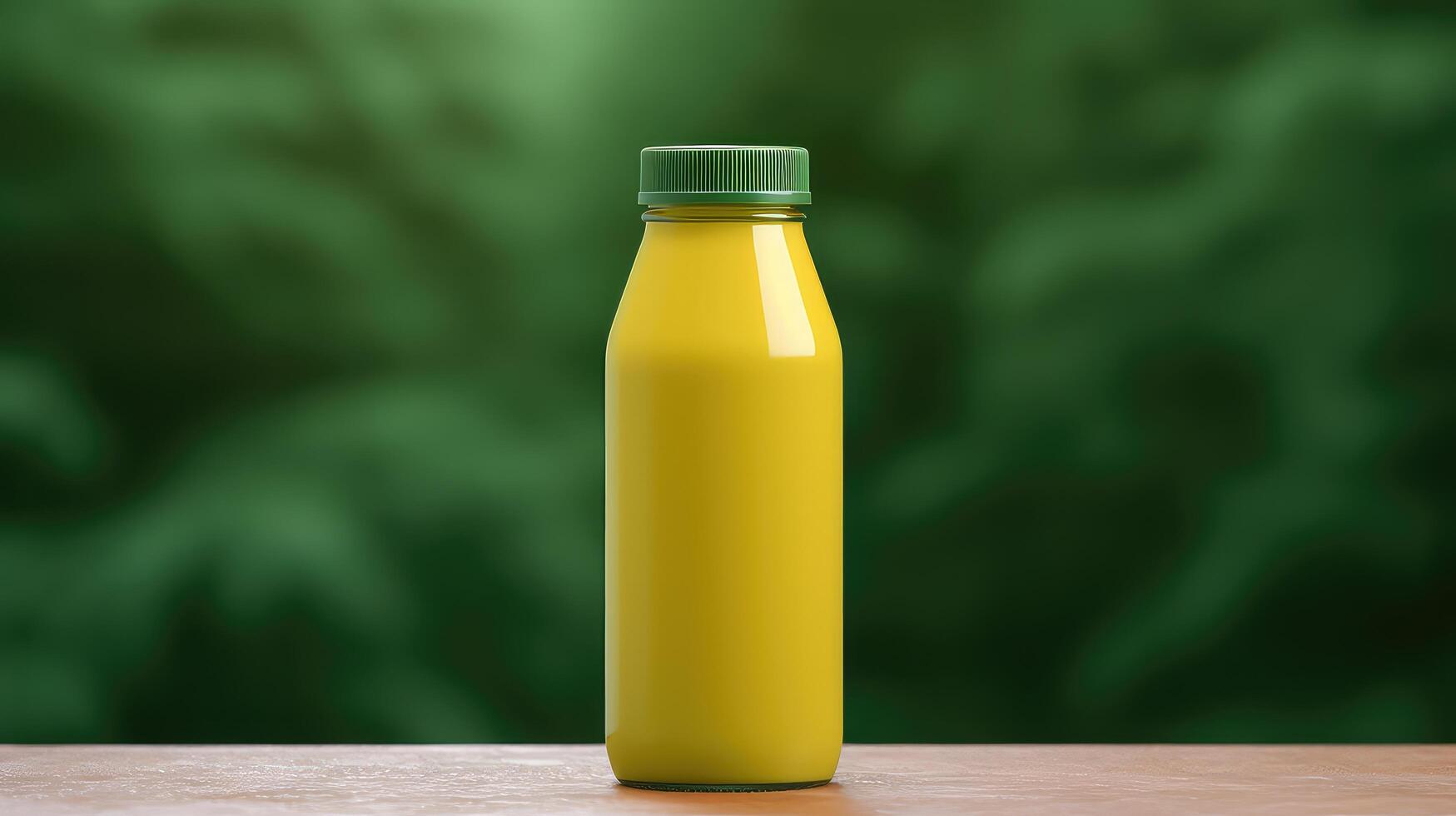 A bottle of yellow liquid is sitting on a wooden table photo