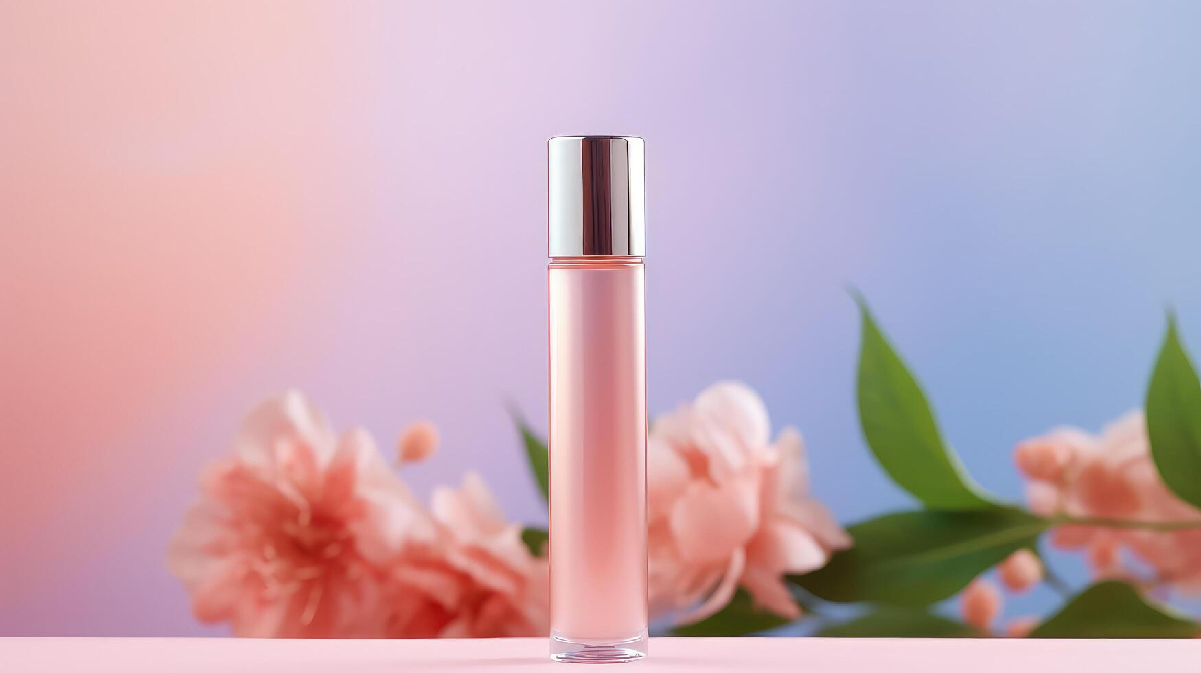 A bottle of perfume is sitting on a table next to some pink flowers photo