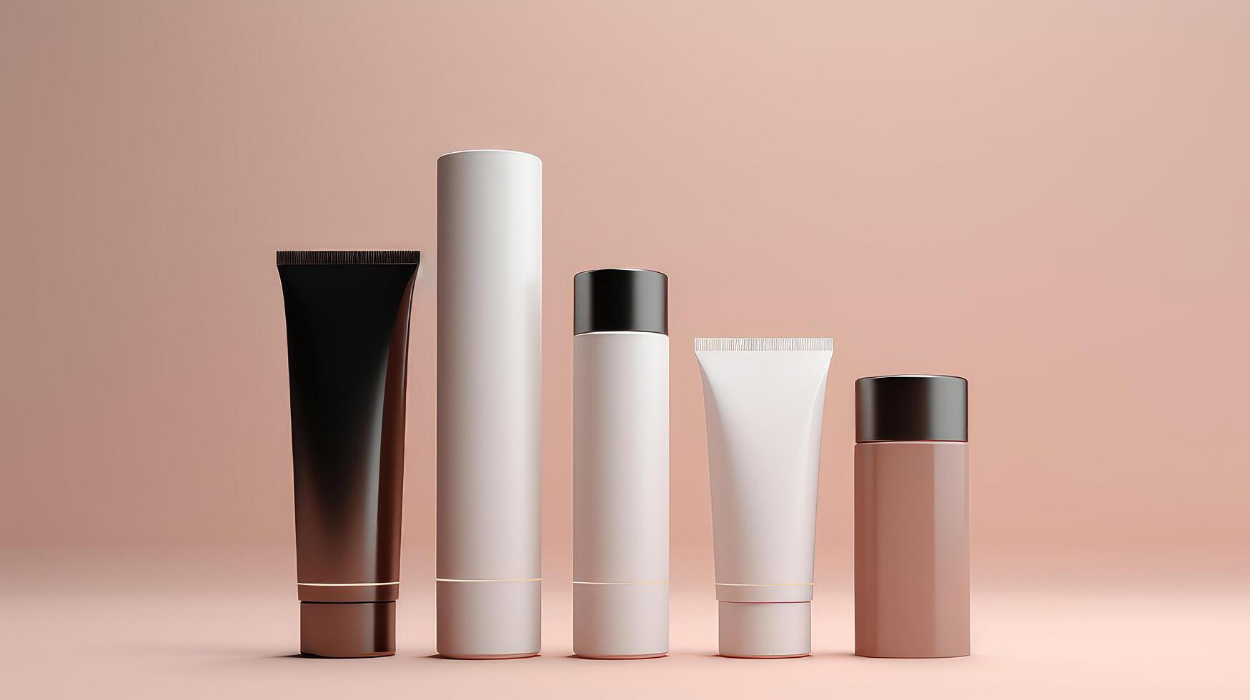 A row of five different colored bottles of makeup photo
