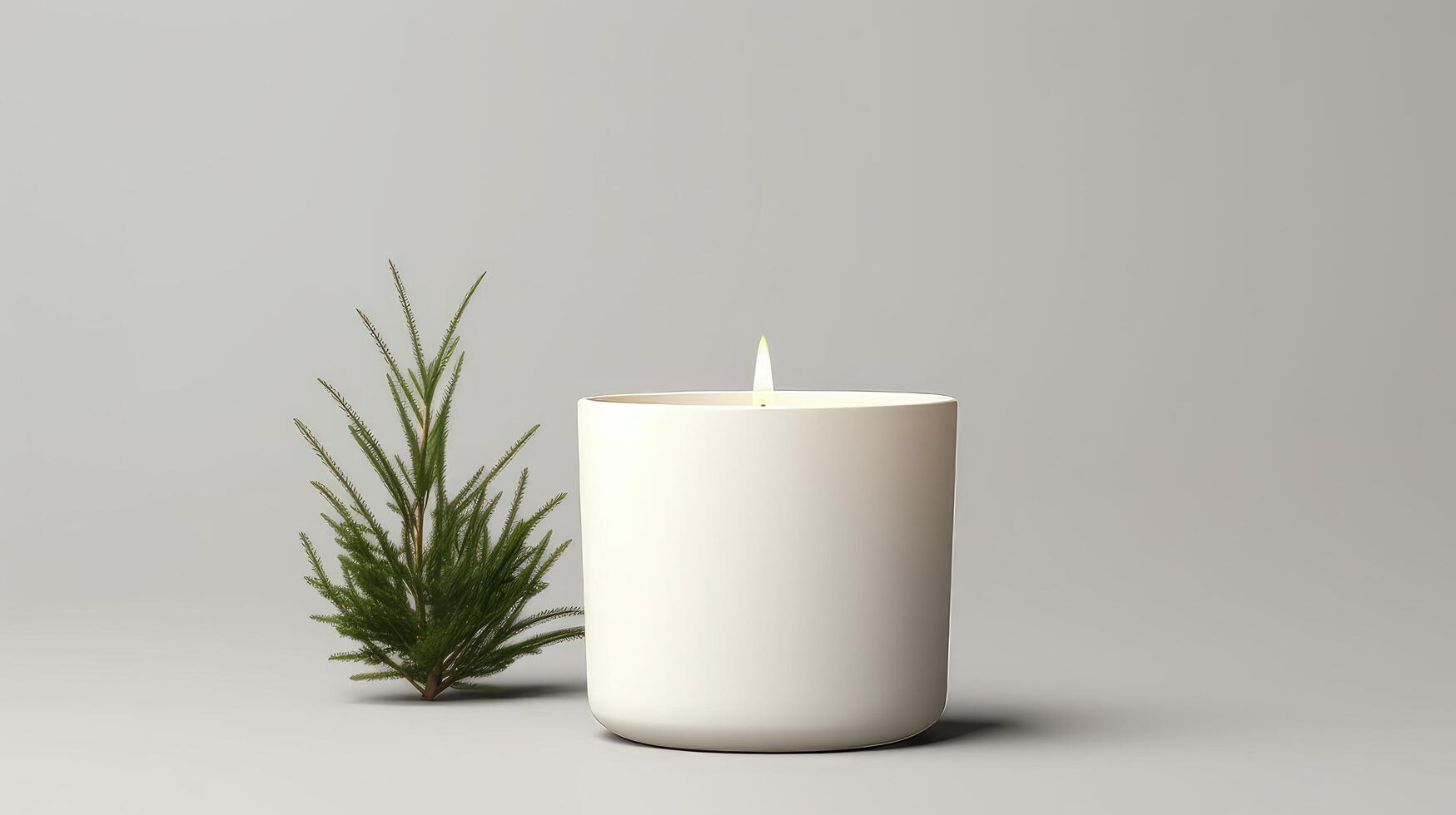 A white candle is lit in a white container, with a small green plant next to it photo