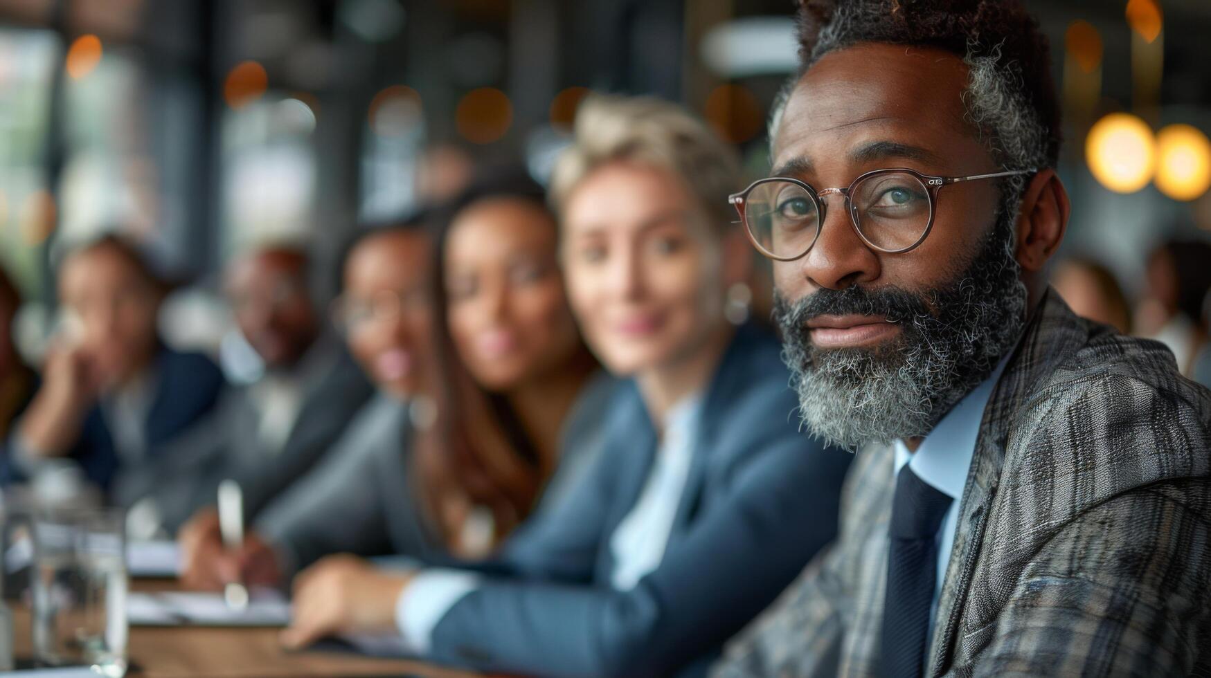 Diverse international executive business partners group discuss report at boardroom meeting table. Multiracial team negotiating project developing business strategy doing paperwork analysis in office photo
