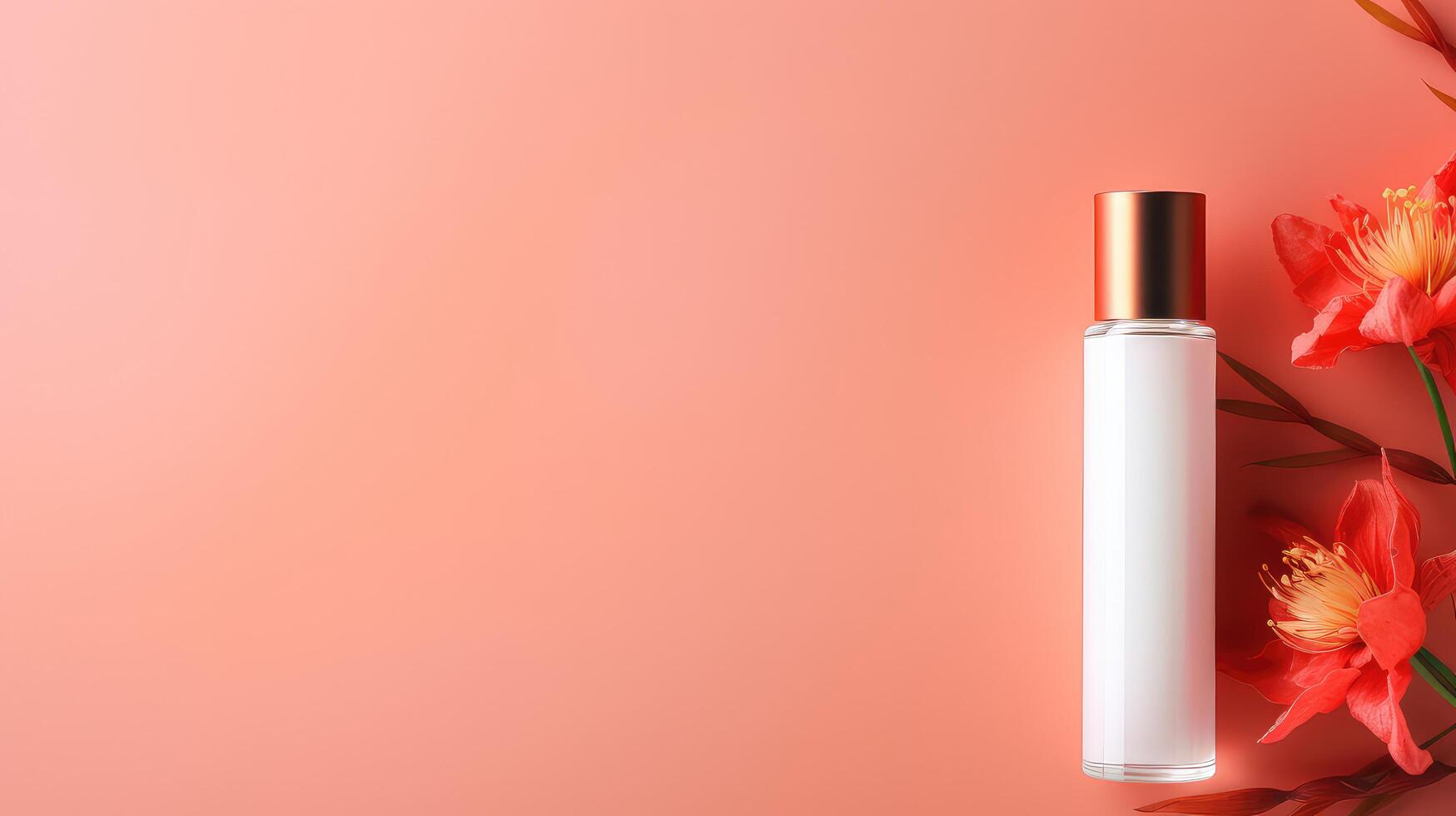 A bottle of perfume is on a table next to some flowers photo