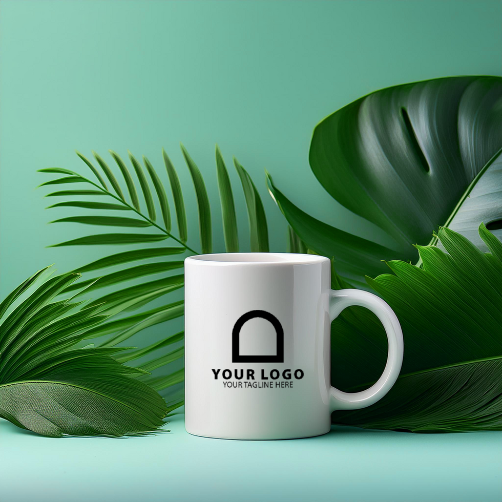 Logo mockup on mug decorated with tropical leaves psd