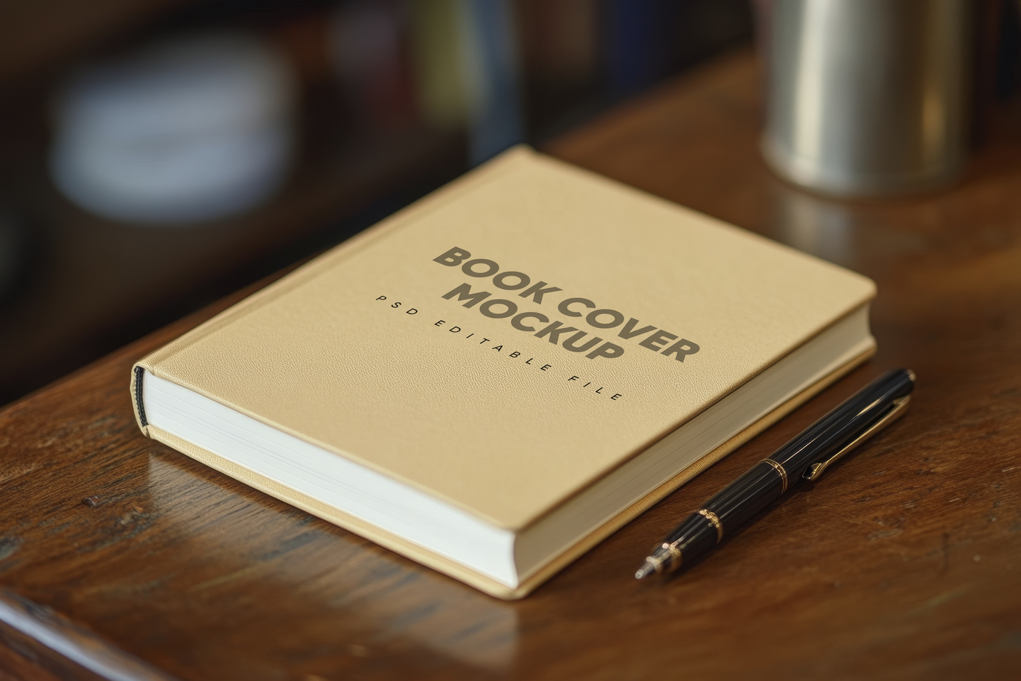 Book cover mockup on a wooden table psd
