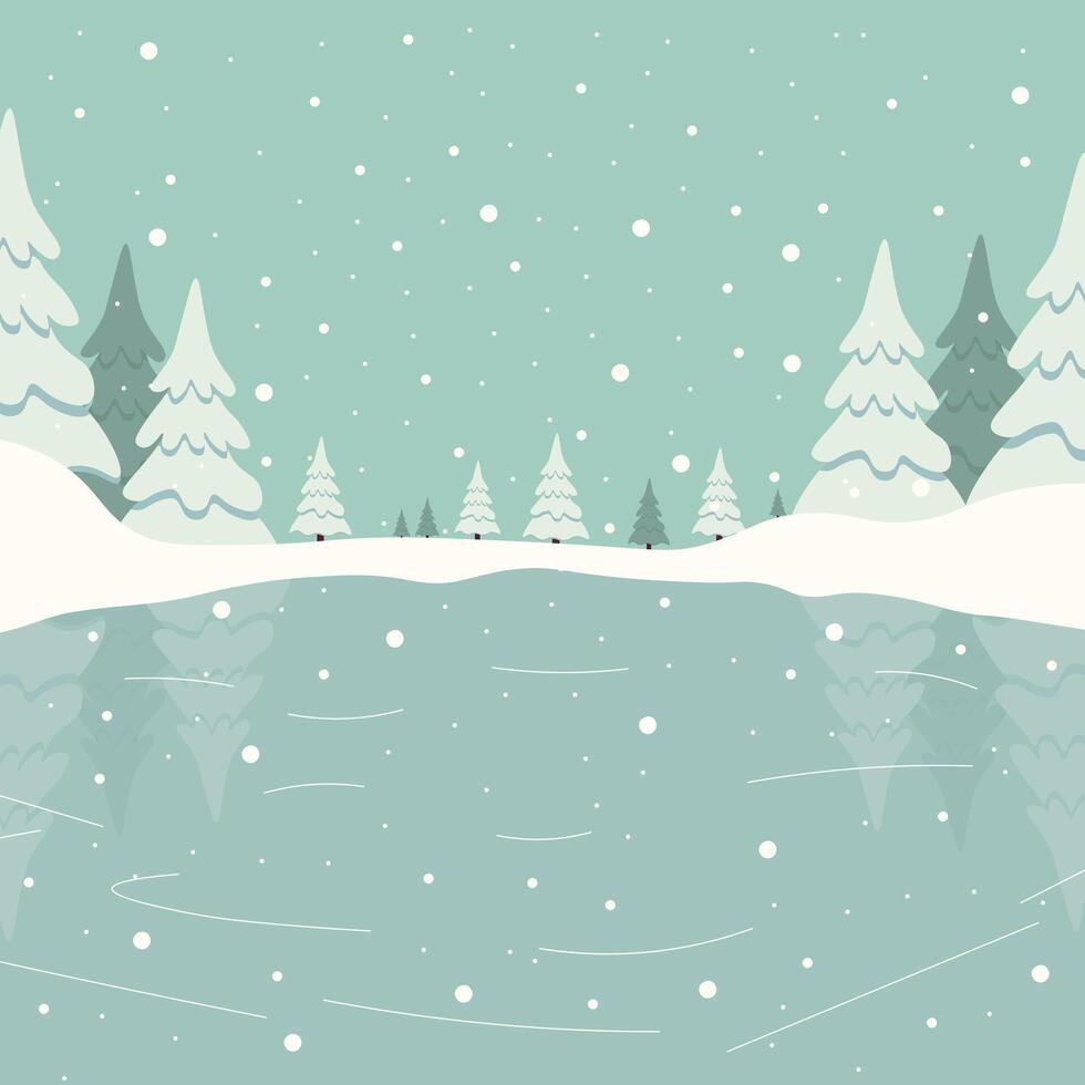Winter frozen lake scene. Skating rink concept in the forest. Flat illustration vector