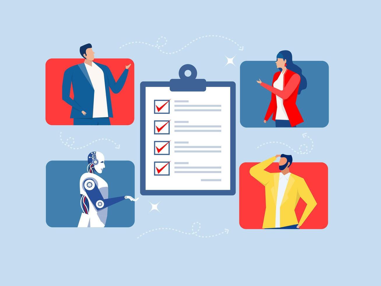 brainstorm or work discussion, task or meeting reminder clipboard, business people meeting with agenda checklist by Artificial Intelligence,robot new joiner to connect vector