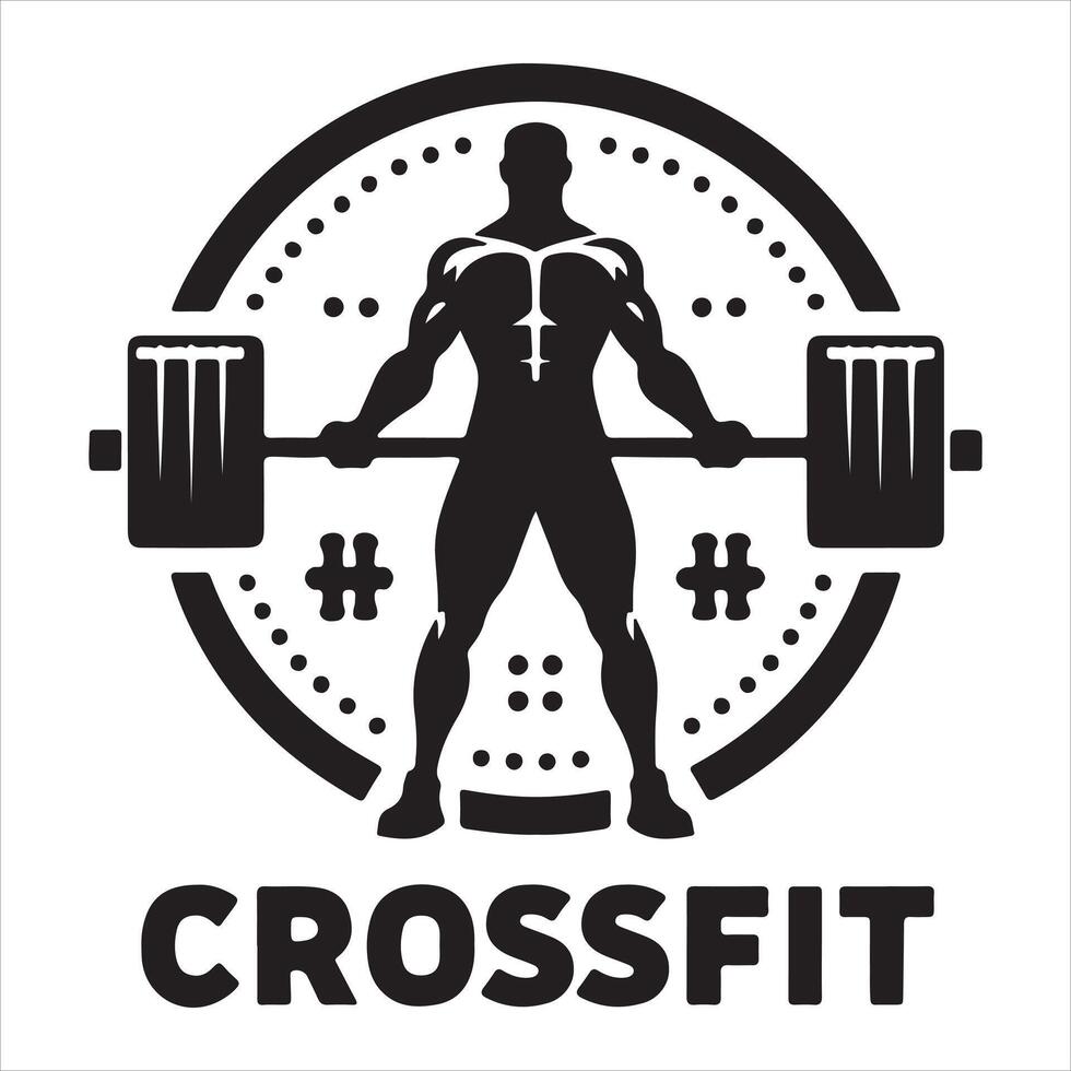 Crossfit in a circle with macho man silhouette for gym or fitness logo vector