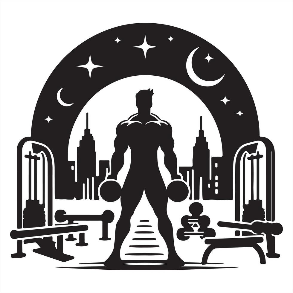 Man exercise with gym instrument in city background vector