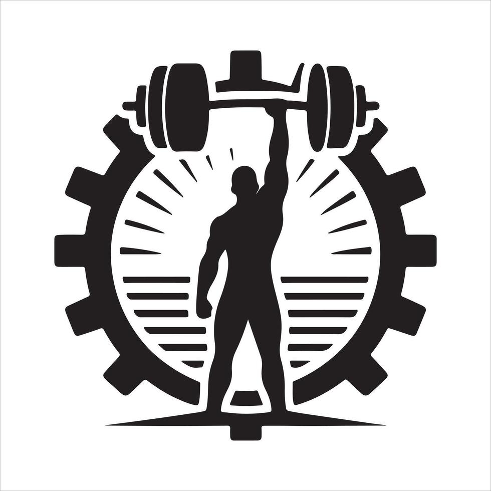 Man holding drumbbell for building body silhouette for logo design. vector
