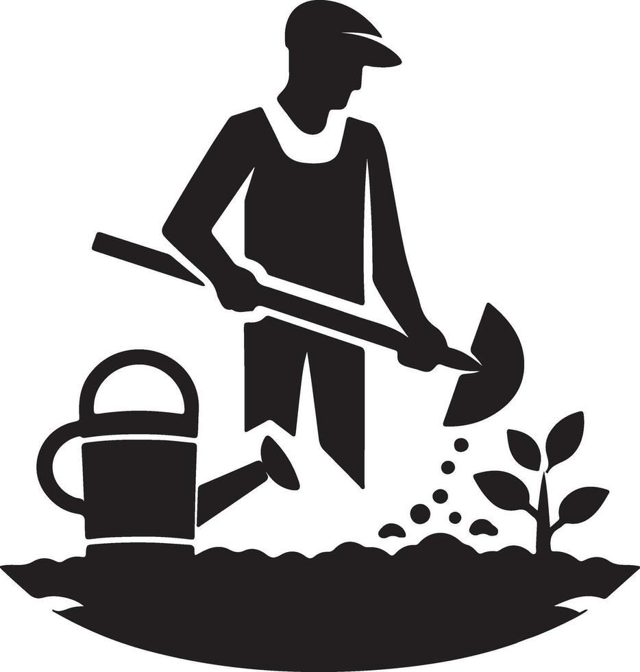 A man working on his garden with watering can design silhouette. vector