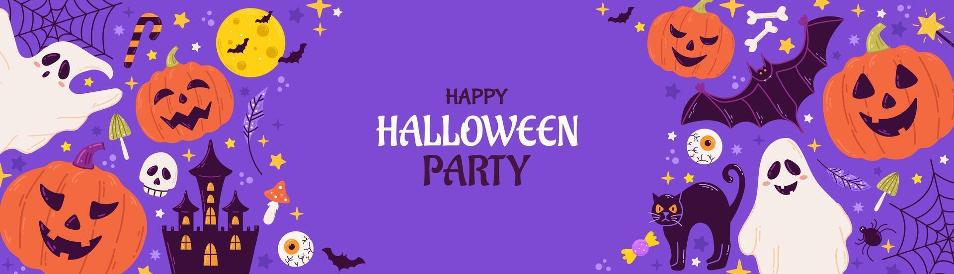 Happy Halloween Party banner with tradition symbols. Scary smiling pumpkin, ghost, bats and dark castle, moon. Festive holiday card, web background design for October night. flat illustration vector