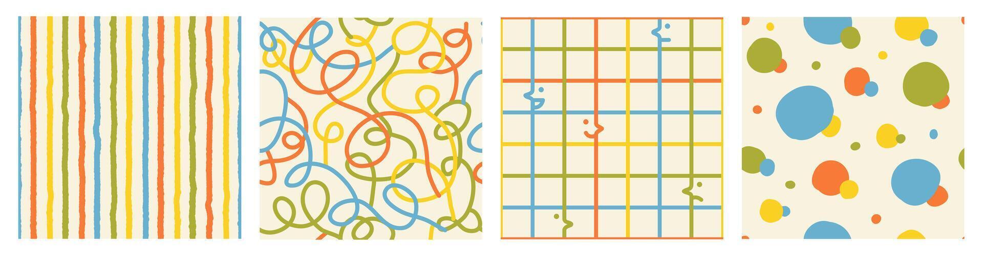 Colorful seamless pattern set of hand drawn curved checkered lines, circle and strip. Trendy design with abstract shapes, simple and playful doodle wallpaper print vector
