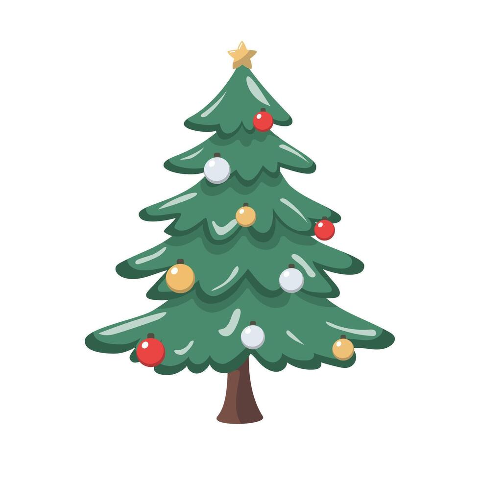 Coniferous tree spruce decorated baubles and star. Isolated on white background. Forest pine tree. Cartoon flat style. Christmas and New Year symbol. vector