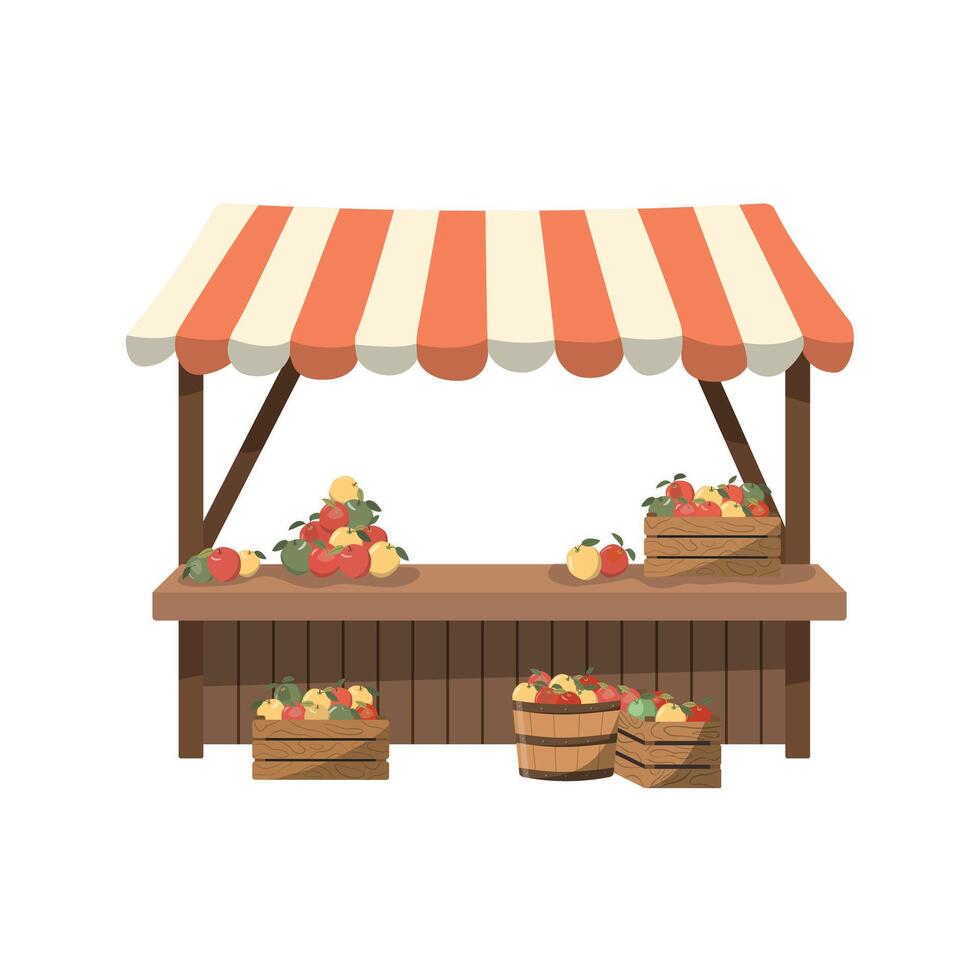 Farmers stall with ripe local apples. Flat illustration. Isolated on white background. Local food at the kiosk at the farmer's fair. vector