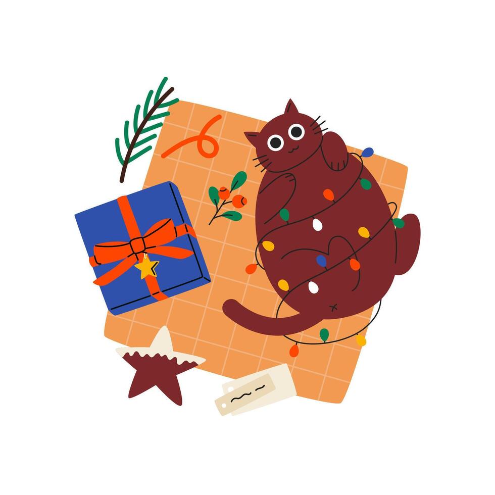 Christmas presents wrapping process. Packaging flat lay. Gift box, wrapping paper and cat isolated design element. Xmas and New Year celebration preparation. hand drawn illustration. vector
