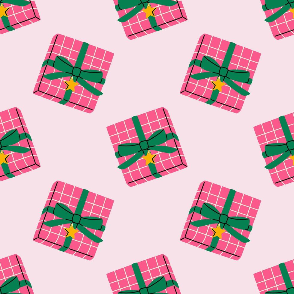 Pink trendy seamless pattern with Christmas gift boxes. Festive background. Illustration for greeting cards, invitations, posters. vector
