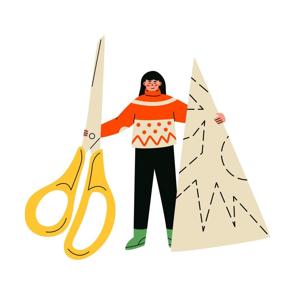 Paper snowflake cutting concept. Woman with big snowflake and scissors. Hello winter. Trendy flat illustration vector