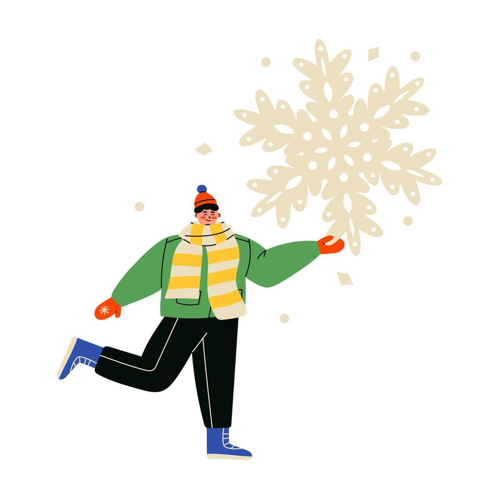 Man with big snowflake. Hello winter. Paper snowflake cutting concept. Trendy flat illustration vector