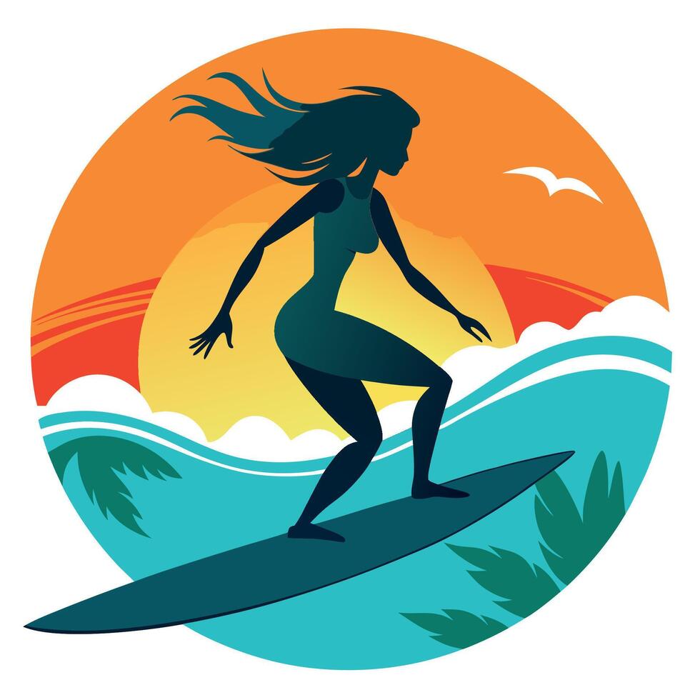 Silhouette of woman surfing on wave at sunset vector