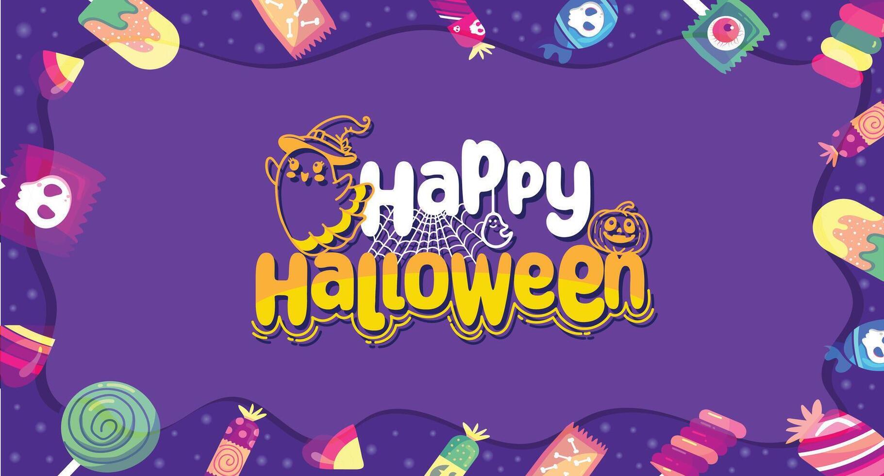 a poster for happy halloween with a purple background with colorful decorations. vector