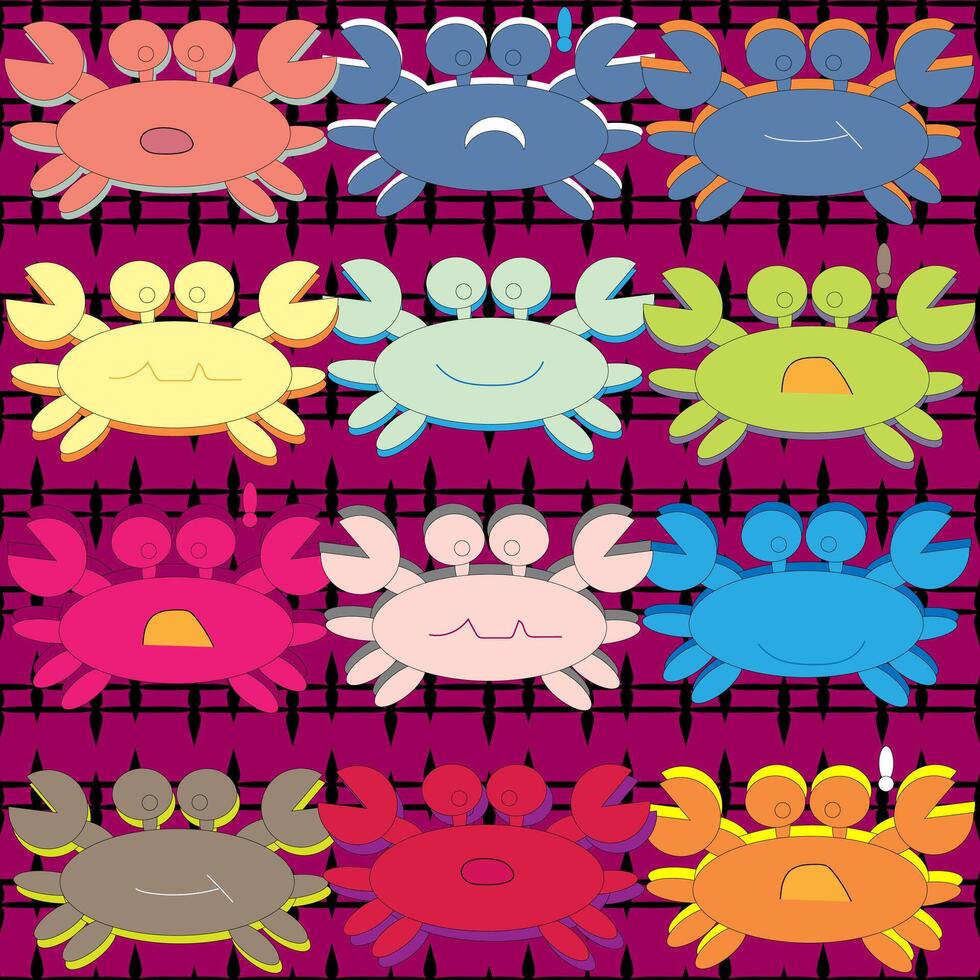 Seamless pattern illustration of cartoon crabs with many emotions on a red background. vector