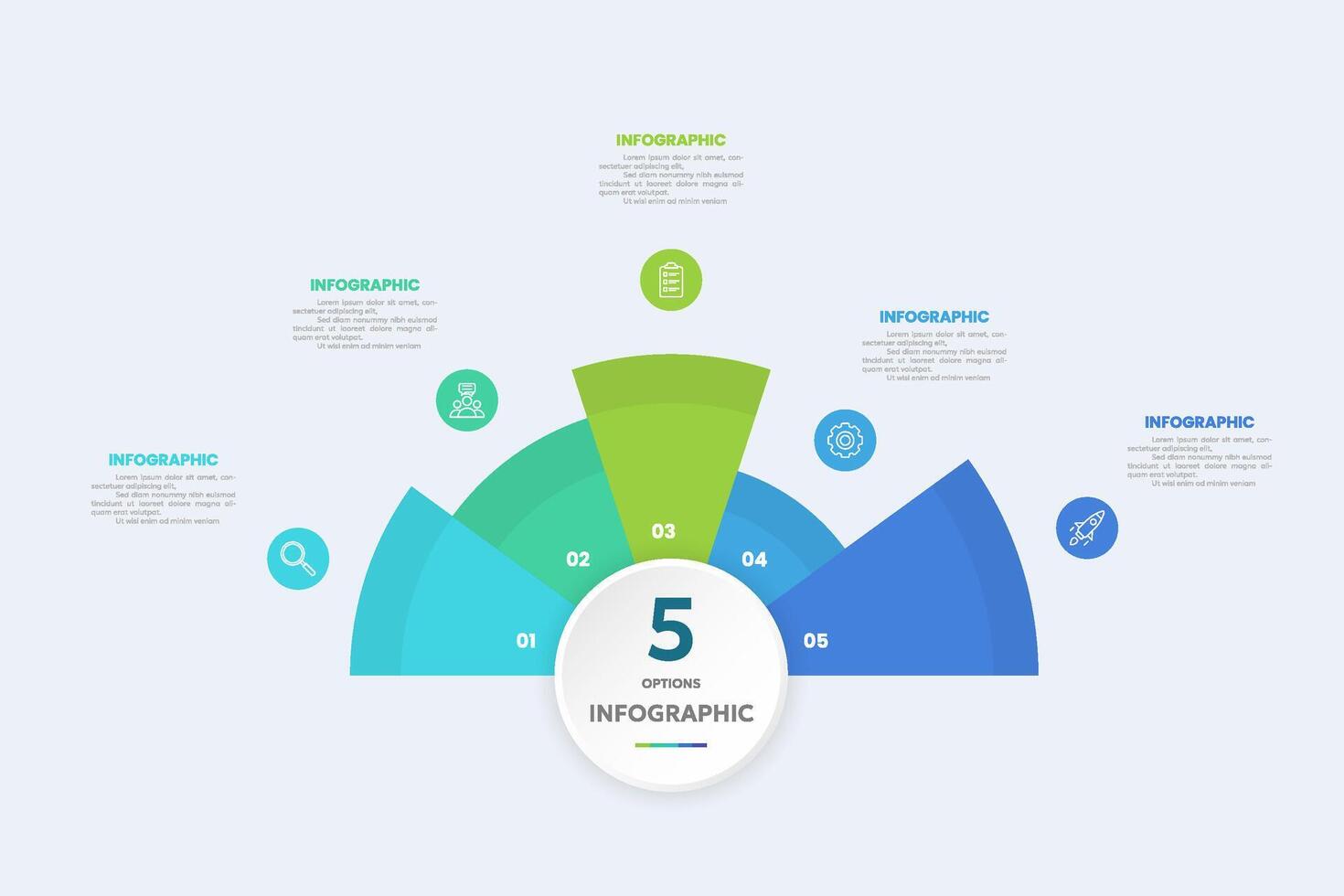 Circle shape infographic chart template with 5 options. vector