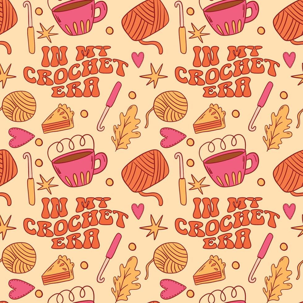 A Vibrant and Colorful Crochet Inspired Pattern Featuring Delightful Yarn and Coffee Motifs vector