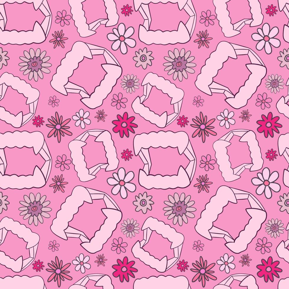 Vampire Fangs with Flowers Pink Halloween Pattern vector