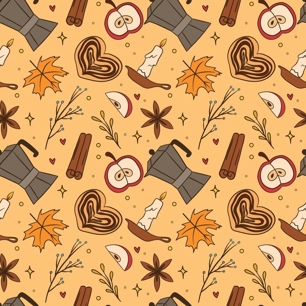 Autumn Coffee and Spice Pattern with Apples and Maple Leaves vector