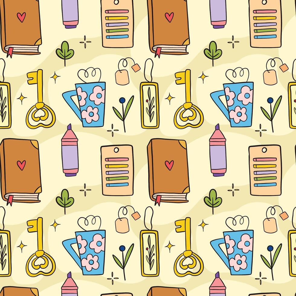 Cozy Bookish Icons Seamless Pattern vector