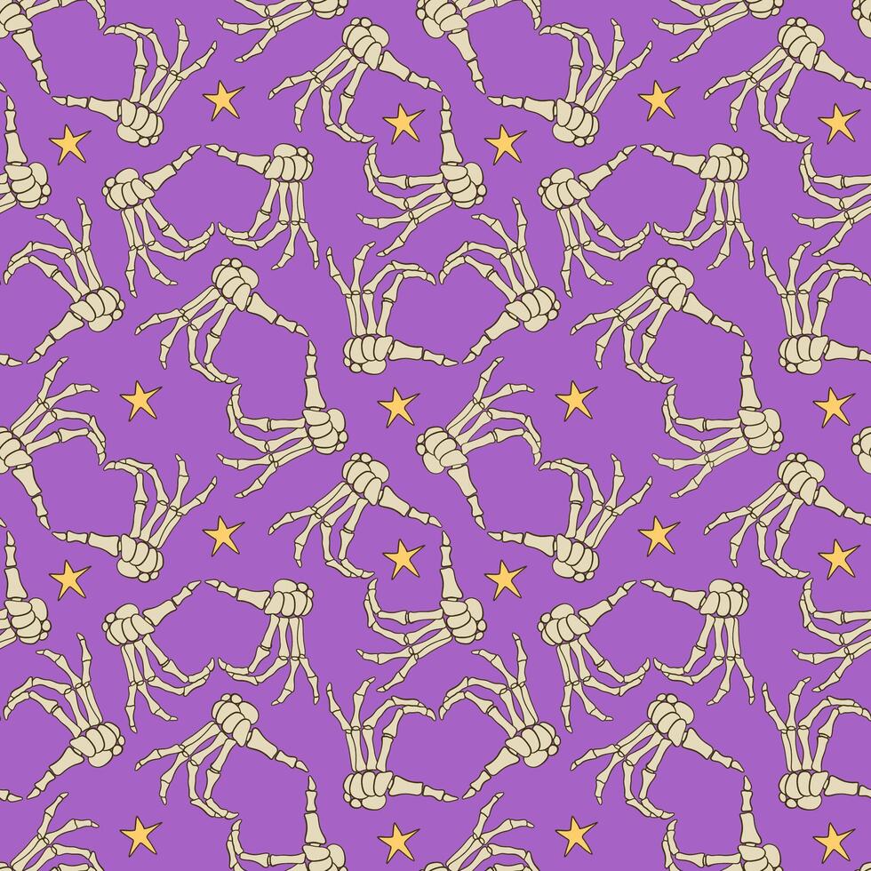 A Vibrant and Artistic Purple Skeleton Hand Pattern Featuring Stars and Cosmic Elements vector