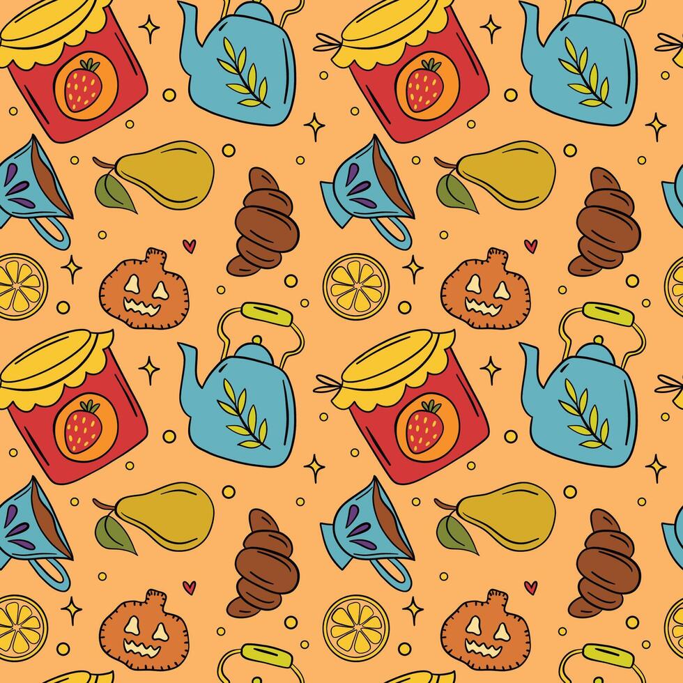 Autumn Seamless Pattern with Jam, Tea, Pears, Croissants, Pumpkins, and Cozy Fall Elements vector