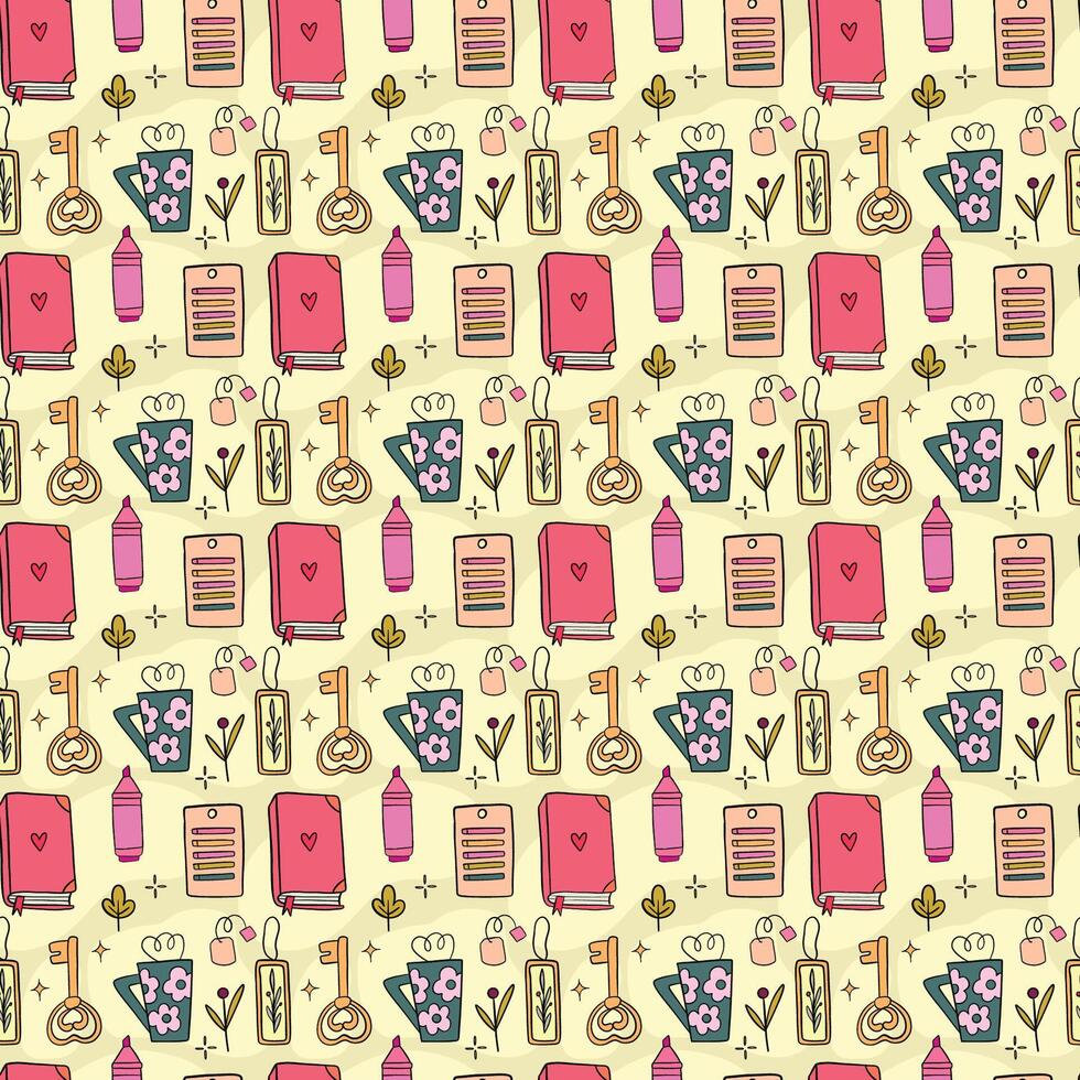 Cozy Bookish Icons Seamless Pattern vector