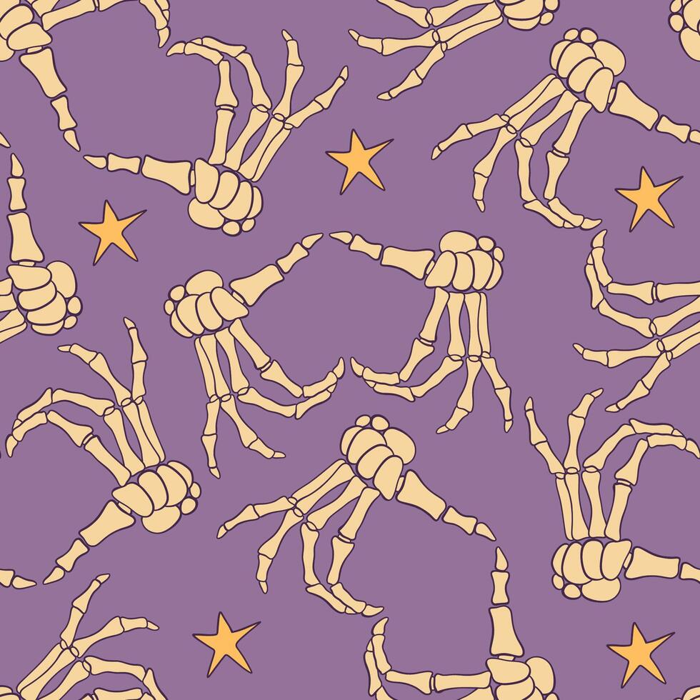 A Beautiful Stylized Skeleton Hand Pattern with Glowing Stars on a Deep Purple Background vector