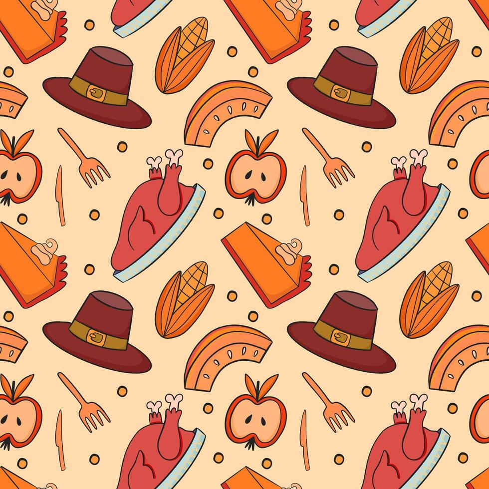 A Thanksgiving Feast Pattern featuring Turkey, Pie, and Stylish Hats for Celebration Events vector