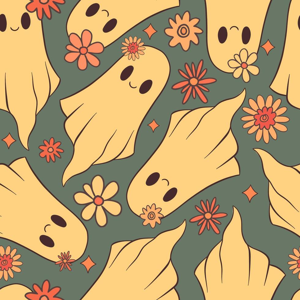 A charming and delightful pattern design featuring cute ghosts along with beautiful flowers vector