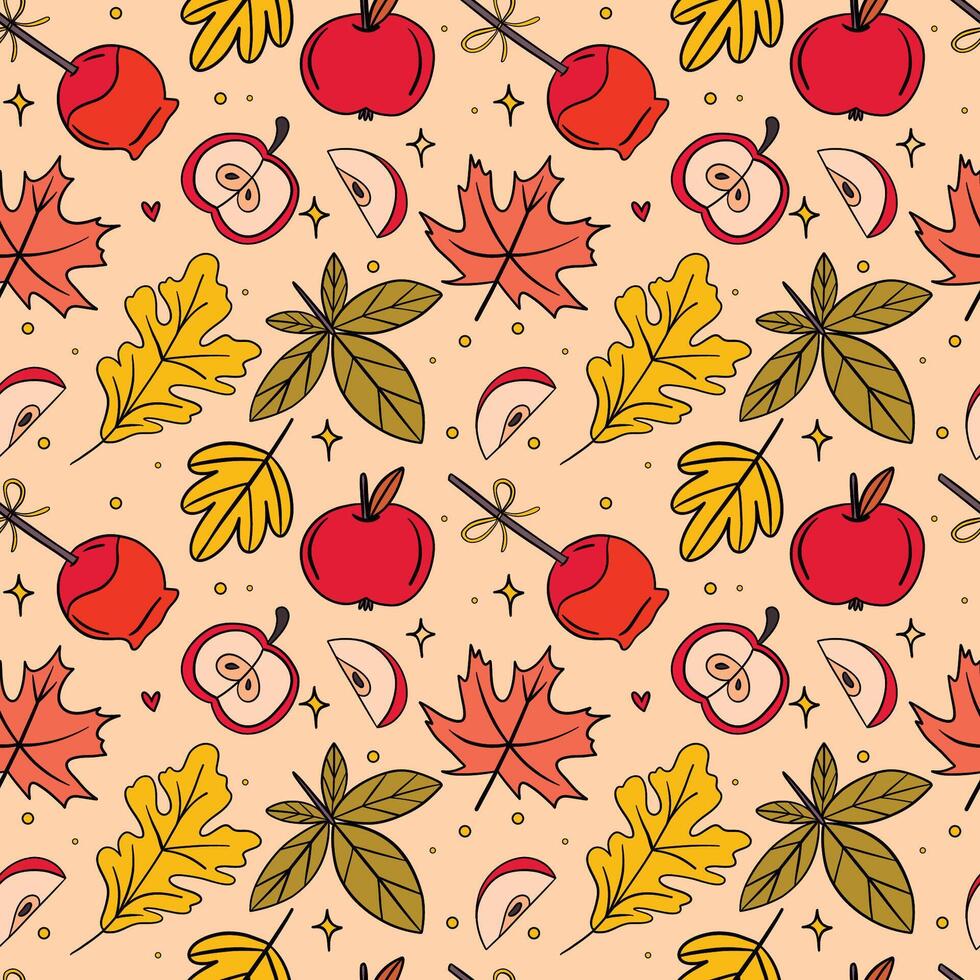 Cozy Autumn Seamless Pattern with Leaves, Apples, and Candy Apples vector