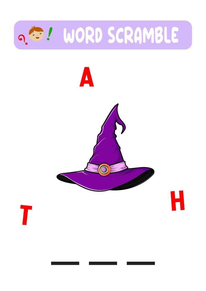 The Witch's Hat. A Word Scramble Game for Kids.purple hat vector