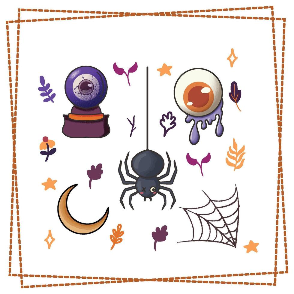 Halloween Party sticker set greetings card design spooky scary cute fortune eye spider vector