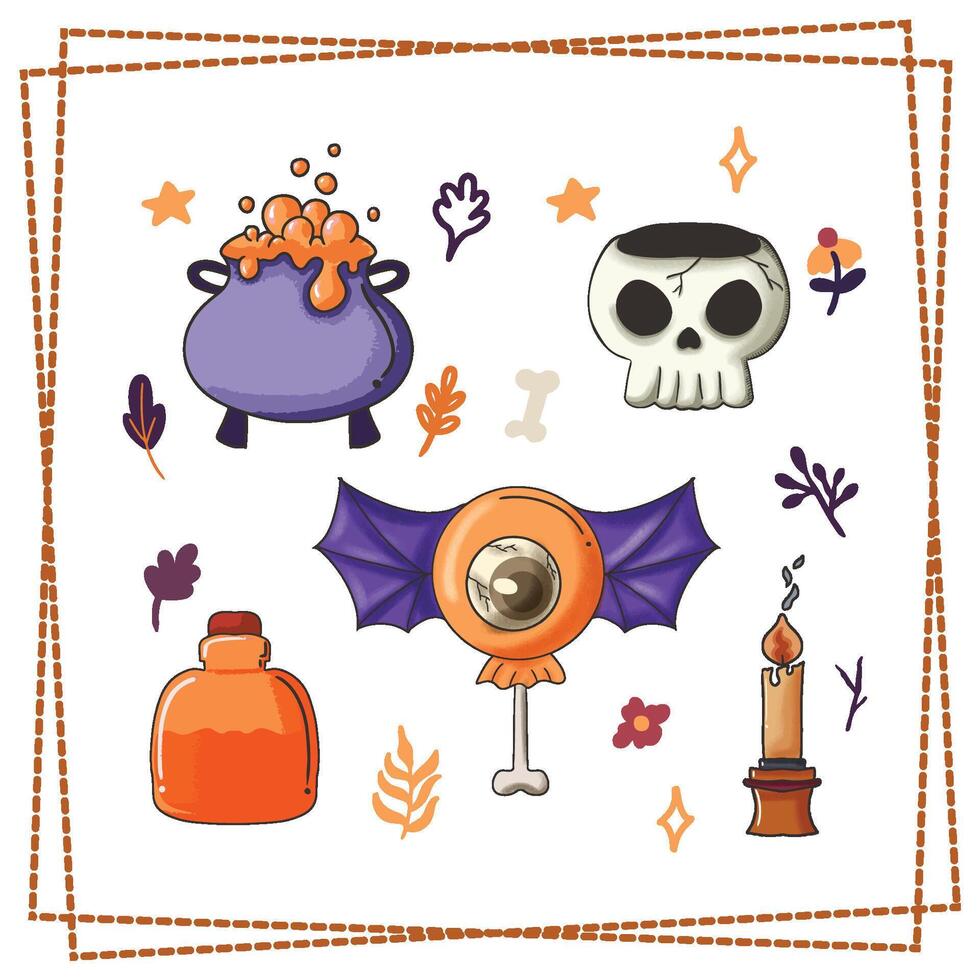 Halloween Party sticker set greetings card design spooky scary cute skull candy bat poison vector